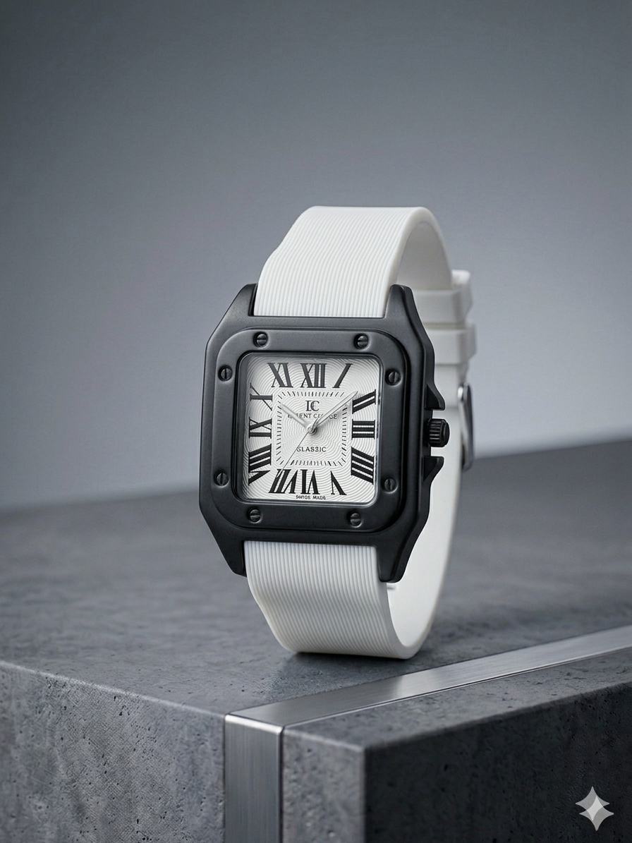 The Regal Square – Metallic Roman Dial on an Industrial Ribbed Silicone Strap