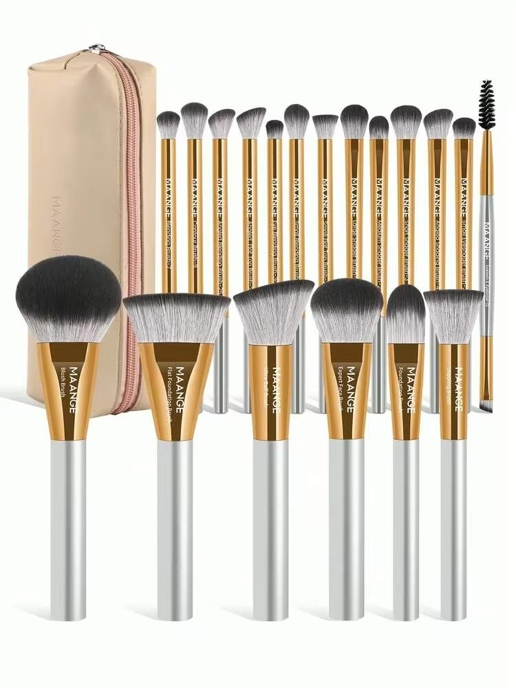 MAANGE 19 PCS Makeup Brushes with Case Premium Brush Set- GOLD & GREY