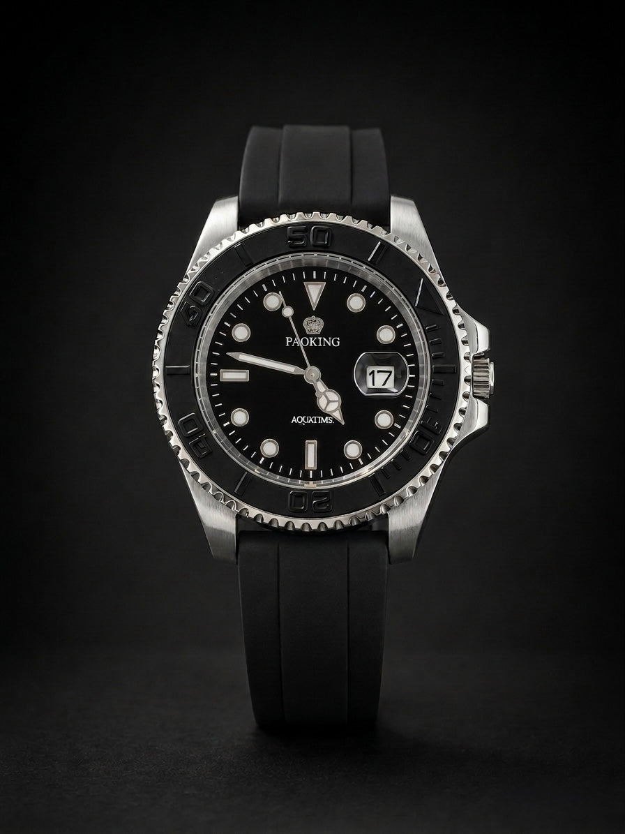 Stealth Black Tactical Dive Watch with Geometric Indices - Rotatable Dail