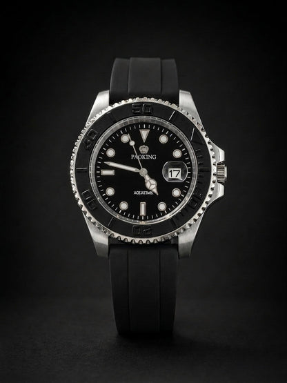 Stealth Black Tactical Dive Watch with Geometric Indices - Rotatable Dail