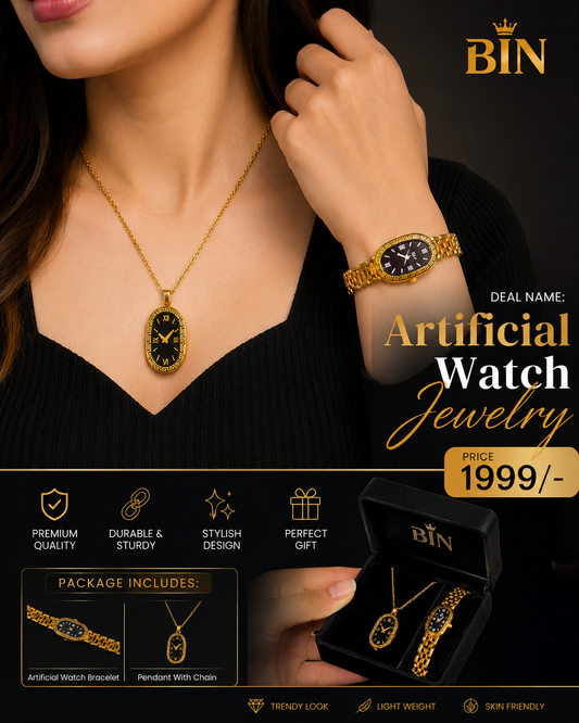 BIN-B Elegant Oval Dial Watch & Matching Pendant Set (2-Piece Gold Bundle)