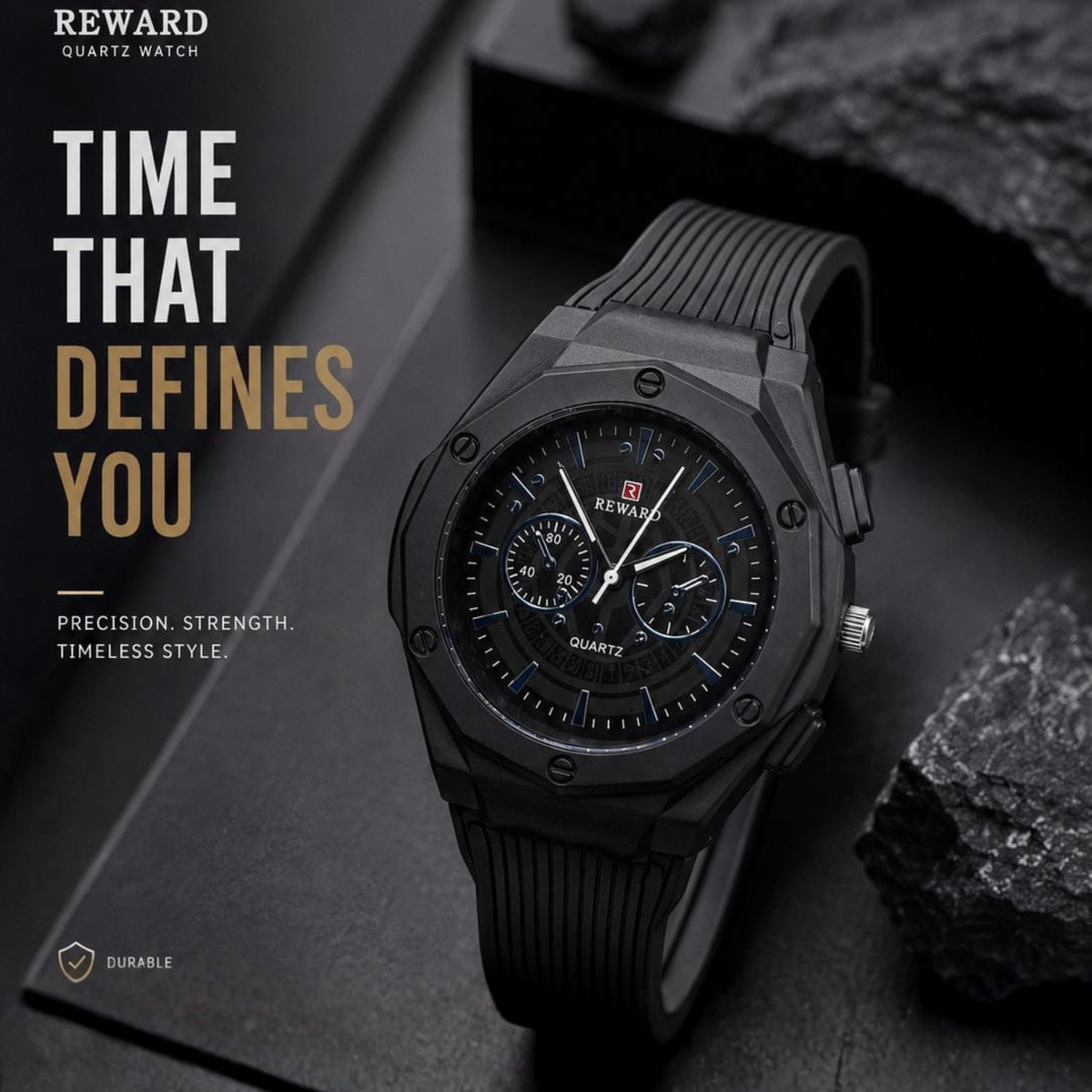 Rugged Multi-Faceted Case Silicone Strap Premium Quality Watch For Mens