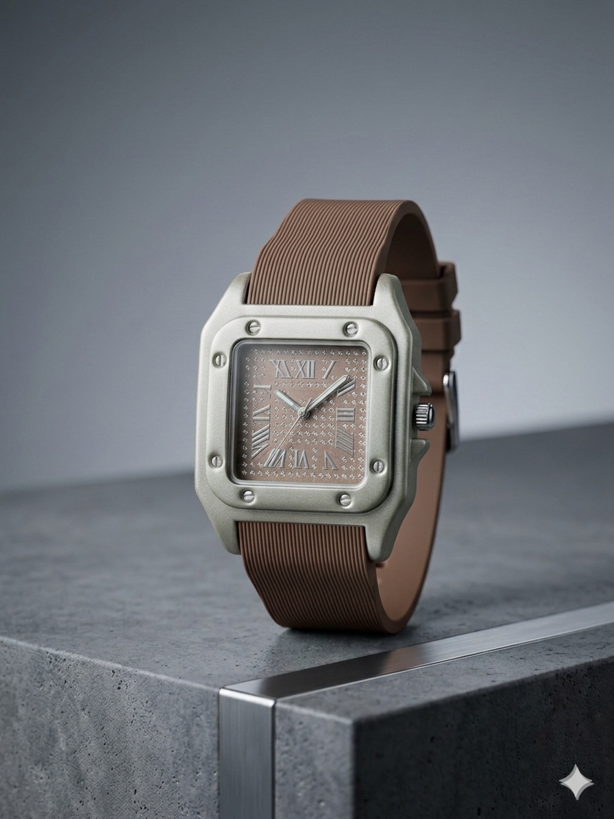 The Regal Square – Metallic Roman Dial on an Industrial Ribbed Silicone Strap