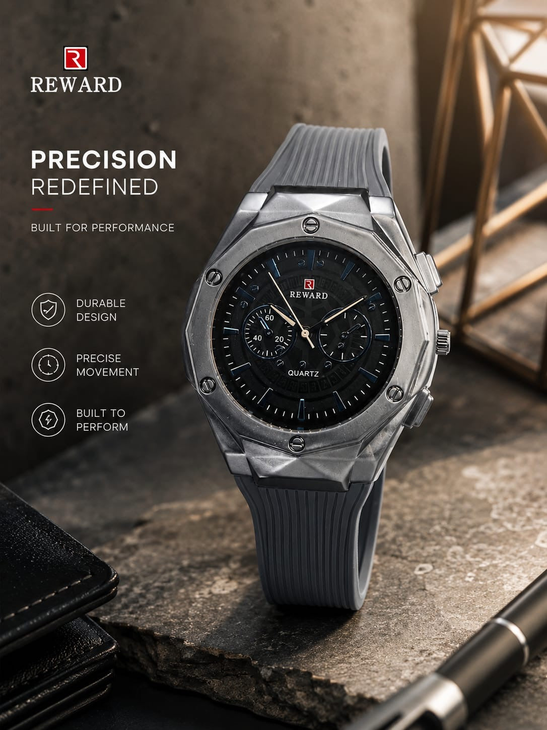 Rugged Multi-Faceted Case Silicone Strap Premium Quality Watch For Mens