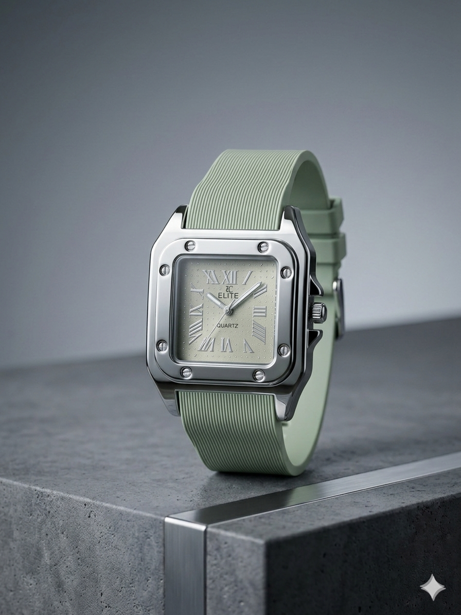 The Regal Square – Metallic Roman Dial on an Industrial Ribbed Silicone Strap
