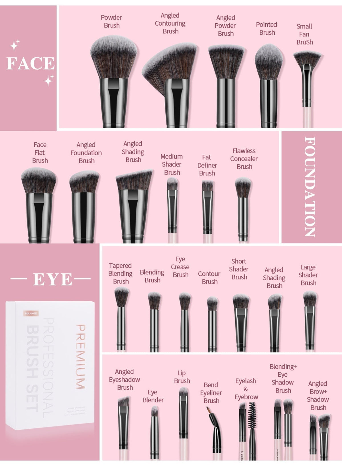 MAANGE 25-Pieces PREMIUM Makeup Brushes Set -PINK