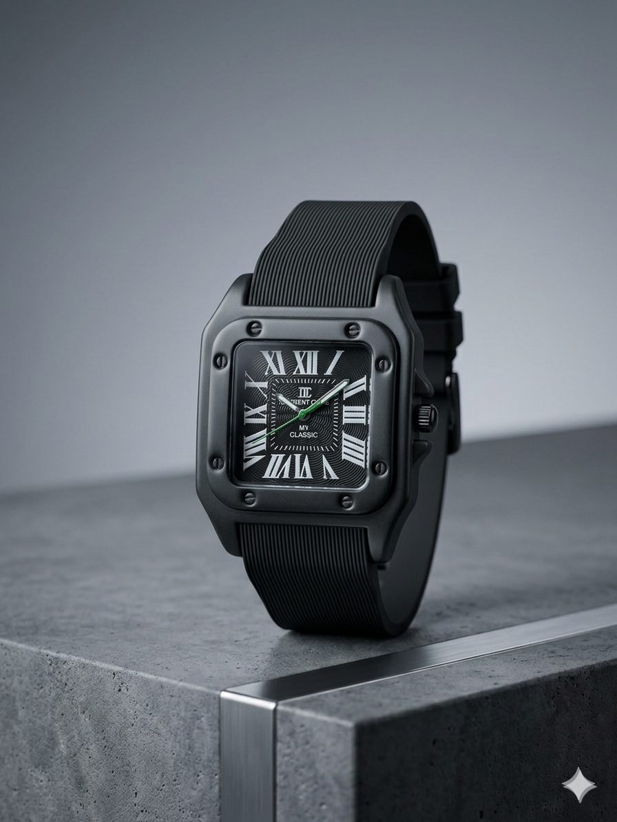 The Regal Square – Metallic Roman Dial on an Industrial Ribbed Silicone Strap