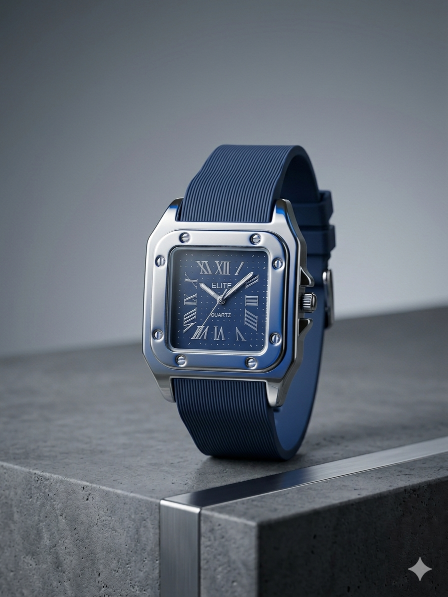 The Regal Square – Metallic Roman Dial on an Industrial Ribbed Silicone Strap