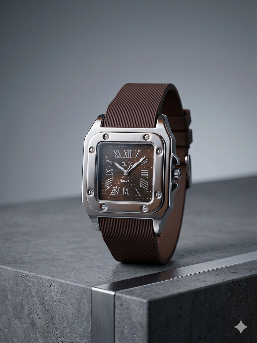The Regal Square – Metallic Roman Dial on an Industrial Ribbed Silicone Strap