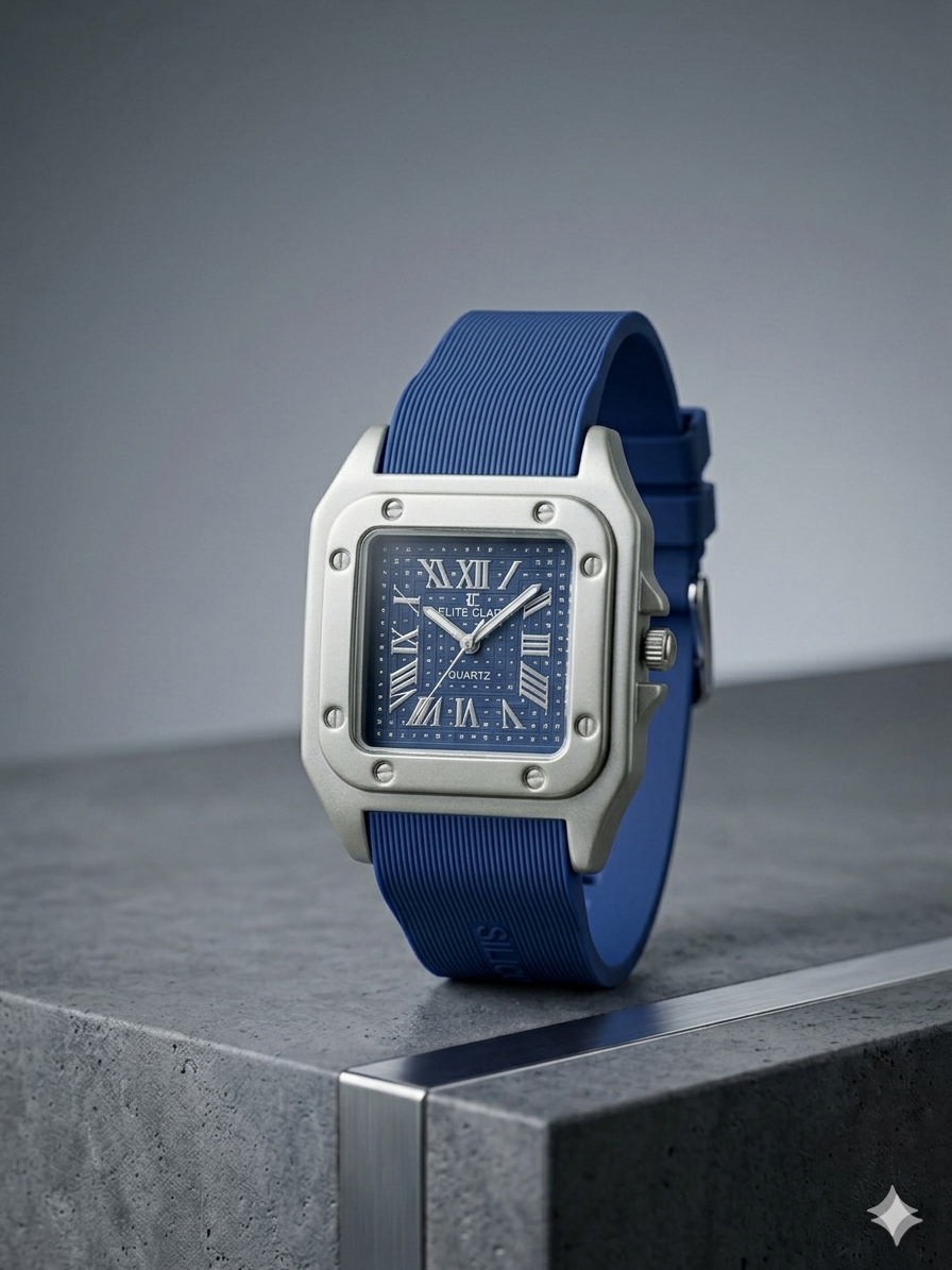 The Regal Square – Metallic Roman Dial on an Industrial Ribbed Silicone Strap