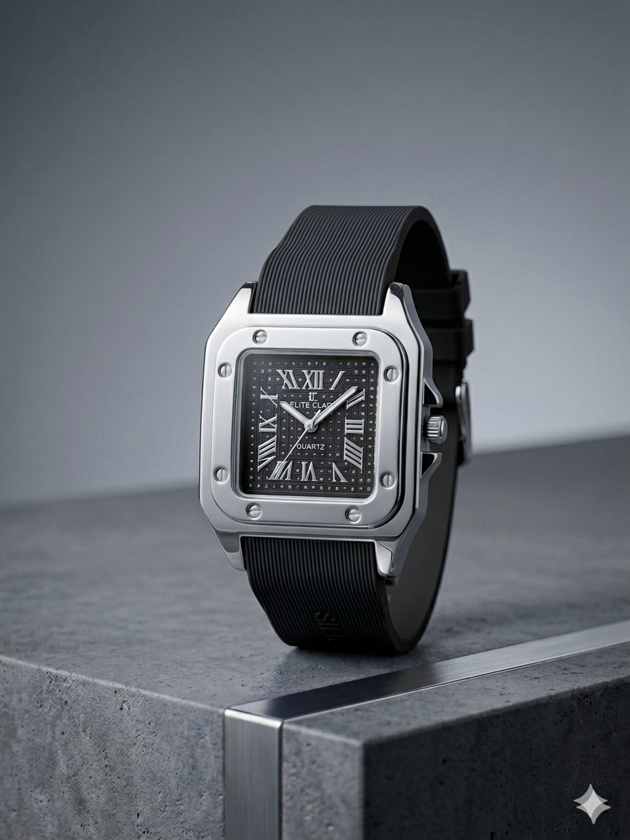 The Regal Square – Metallic Roman Dial on an Industrial Ribbed Silicone Strap