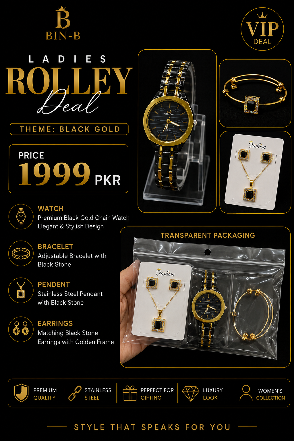 Royal Onyx Luxury Jewelry & Watch Gift Set – 5-Piece Combo Watch Earrings Bracelet Necklace