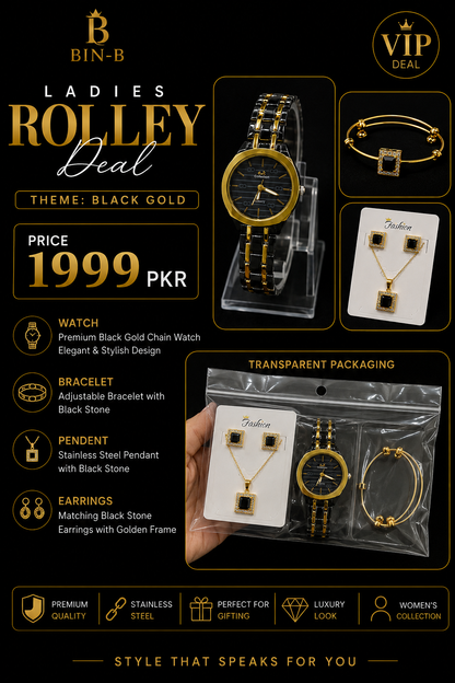Royal Onyx Luxury Jewelry & Watch Gift Set – 5-Piece Combo Watch Earrings Bracelet Necklace