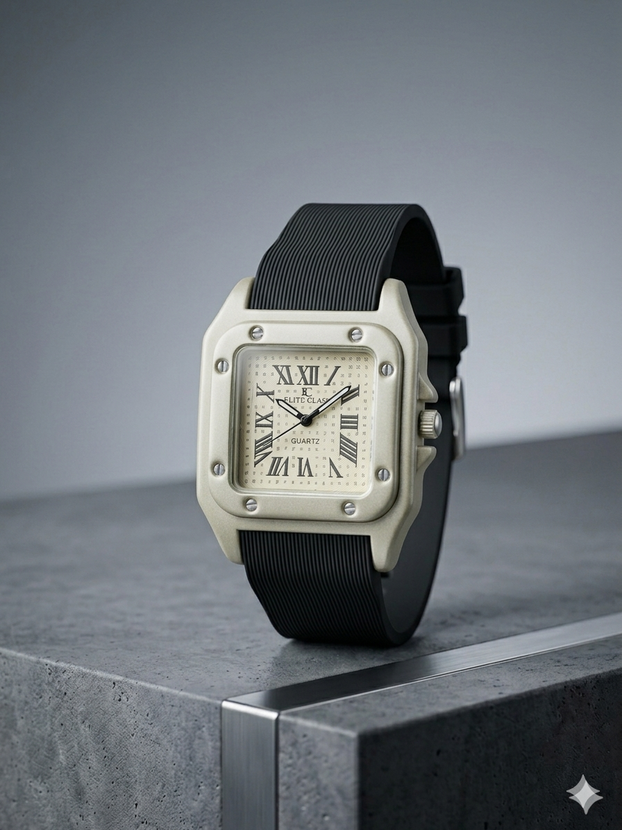 The Regal Square – Metallic Roman Dial on an Industrial Ribbed Silicone Strap
