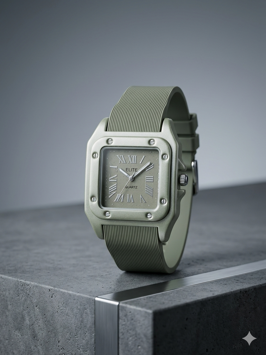 The Regal Square – Metallic Roman Dial on an Industrial Ribbed Silicone Strap