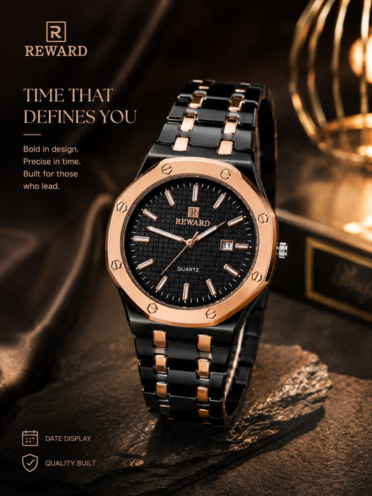 Executive Series: Premium Octagonal Quartz Watch – With Date Stone Embossed Edition