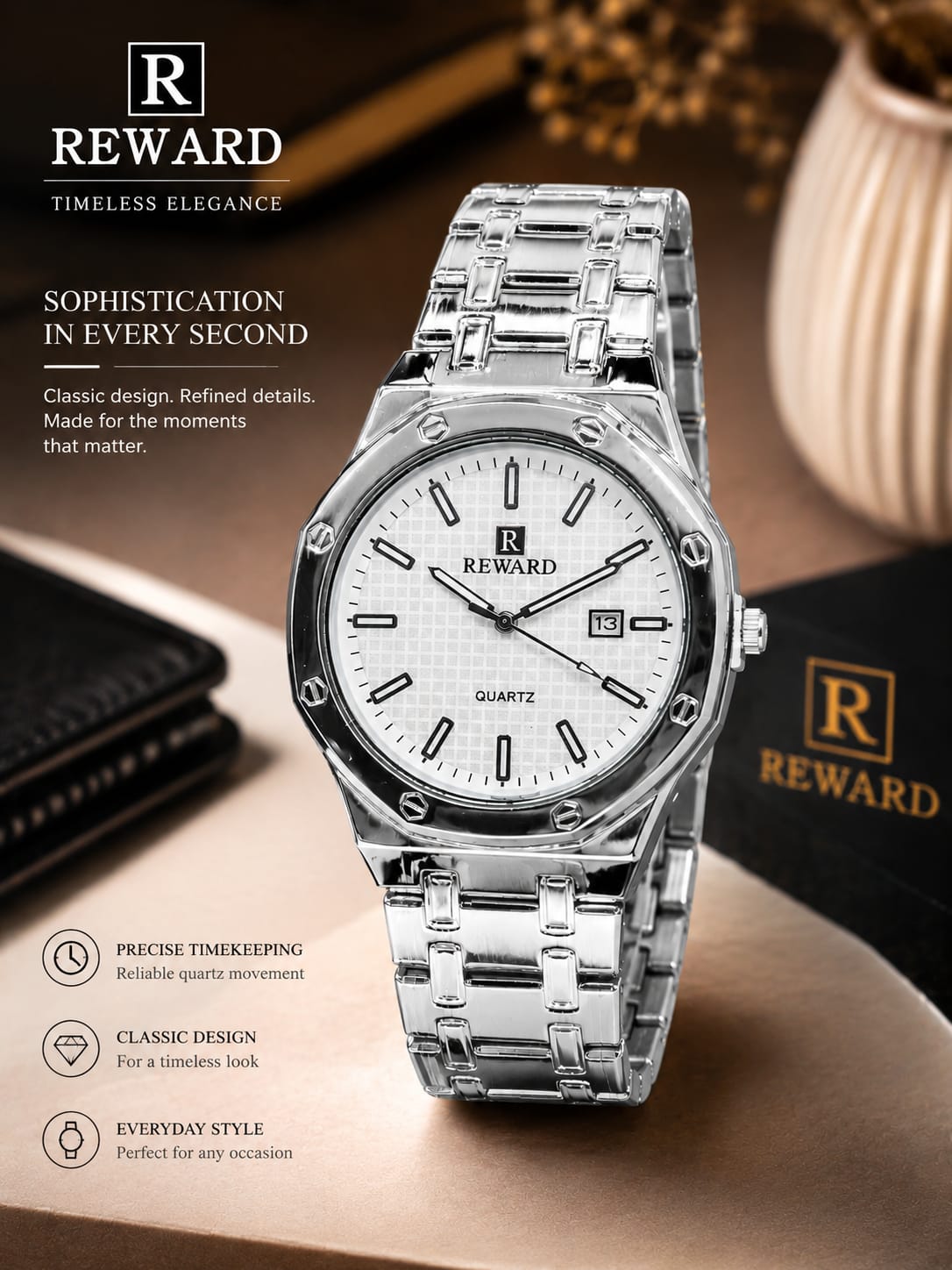 Executive Series: Premium Octagonal Quartz Watch – With Date Stone Embossed Edition