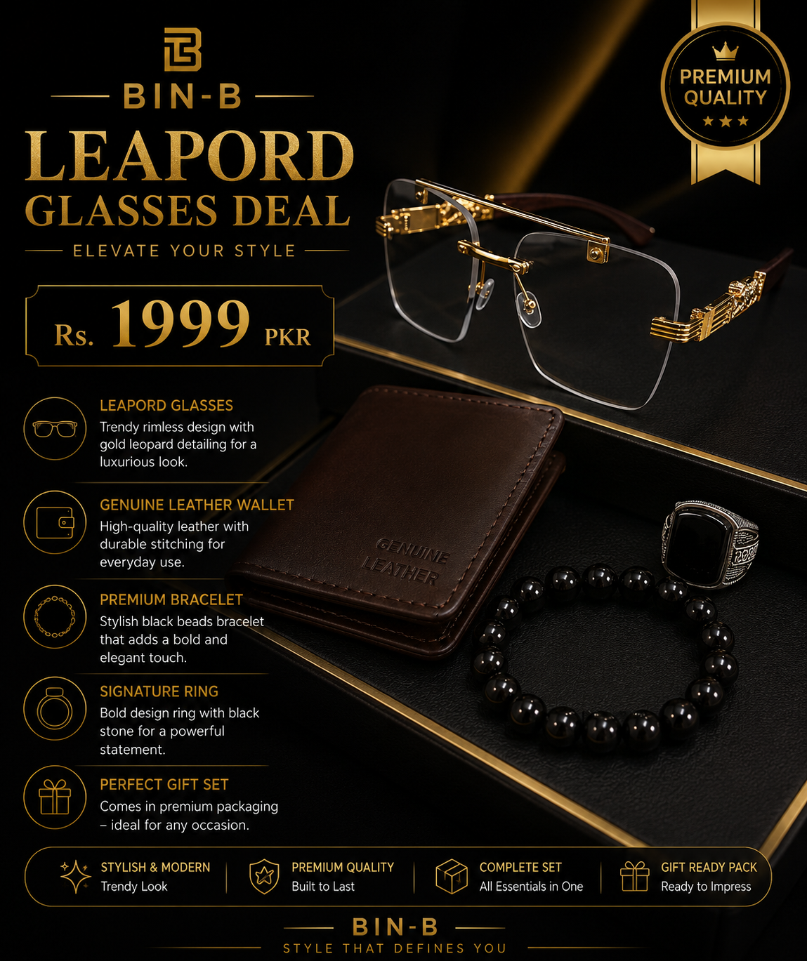 Leopard Glasses 4-Piece Premium Styling Deal – Includes Rimless Glasses, Genuine Leather Wallet, Beaded Bracelet, Signature Ring A Perfect Gift