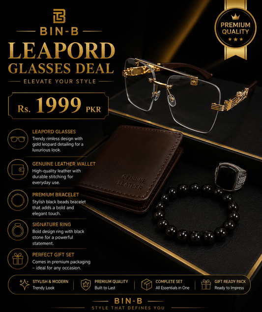 Leopard Glasses 4-Piece Premium Styling Deal – Includes Rimless Glasses, Genuine Leather Wallet, Beaded Bracelet, Signature Ring A Perfect Gift