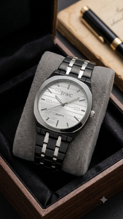 Square Dail Round Glass Watch | Gold-Link Noir Edition: The Stain Steel Executive Watch