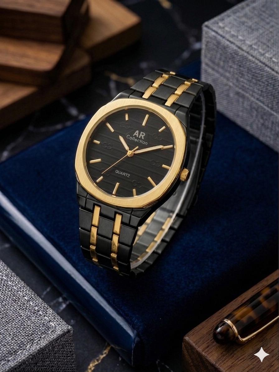 Square Dail Round Glass Watch | Gold-Link Noir Edition: The Stain Steel Executive Watch