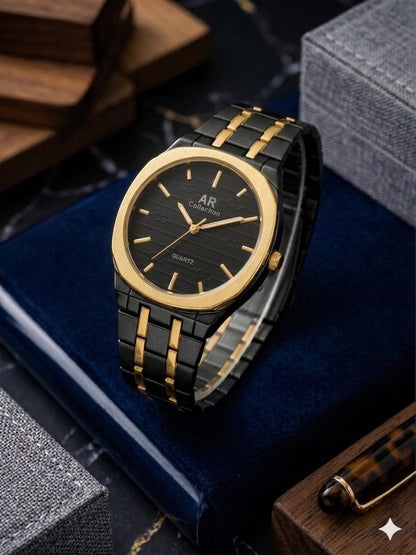 Square Dail Round Glass Watch | Gold-Link Noir Edition: The Stain Steel Executive Watch