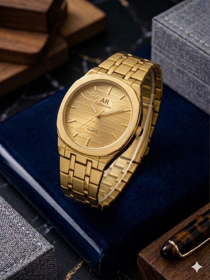 Square Dail Round Glass Watch | Gold-Link Noir Edition: The Stain Steel Executive Watch