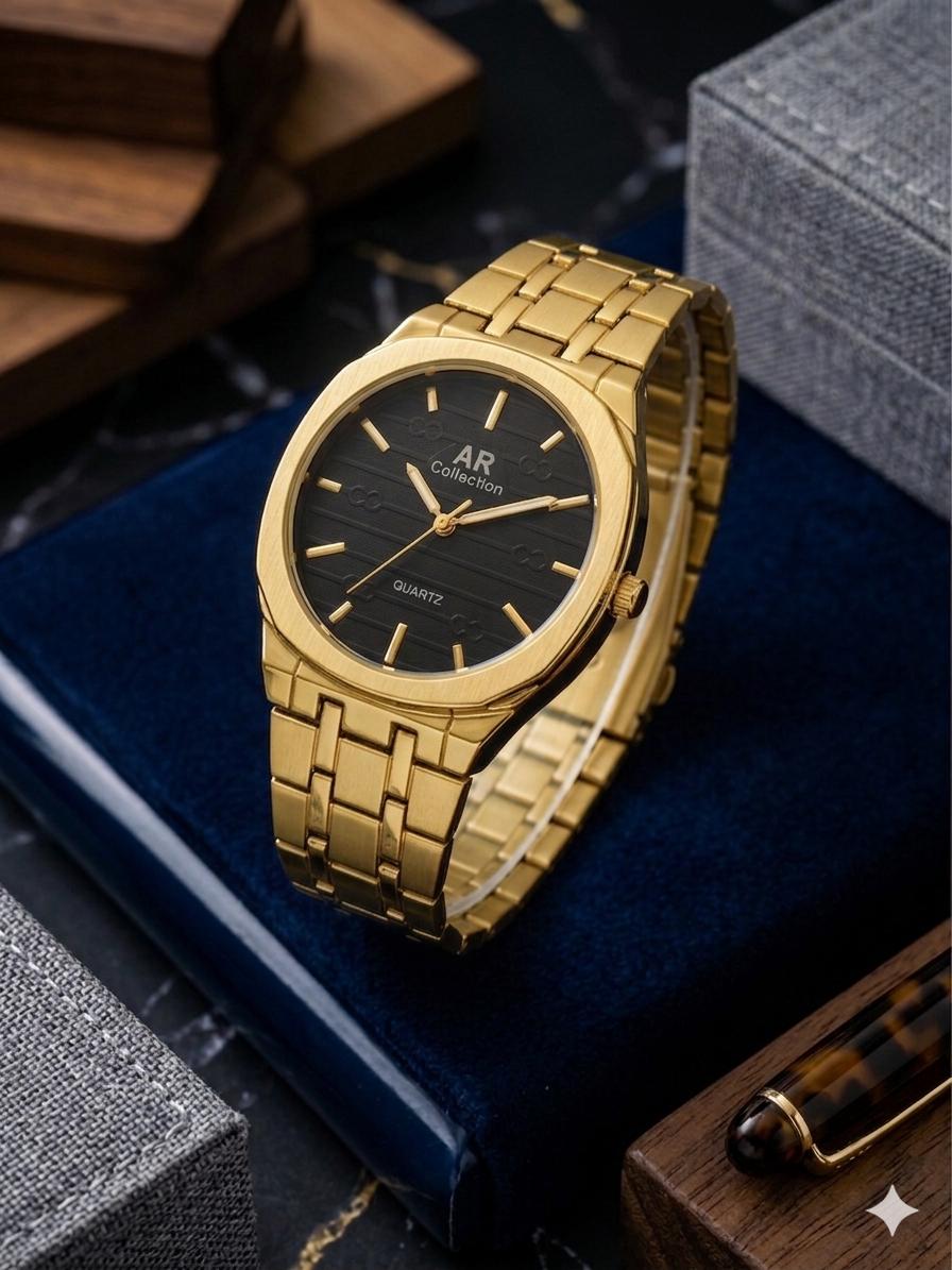 Square Dail Round Glass Watch | Gold-Link Noir Edition: The Stain Steel Executive Watch