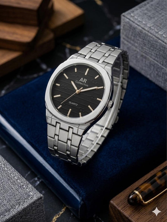 Square Dail Round Glass Watch | Gold-Link Noir Edition: The Stain Steel Executive Watch