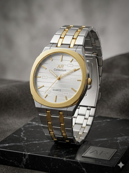 Square Dail Round Glass Watch | Gold-Link Noir Edition: The Stain Steel Executive Watch