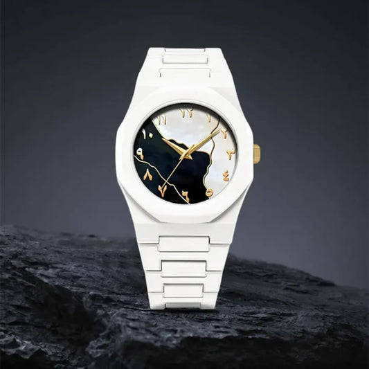 White Arabic Aura Watch – White Tiger & White Marble Design Fiber Chain(44 Gram)