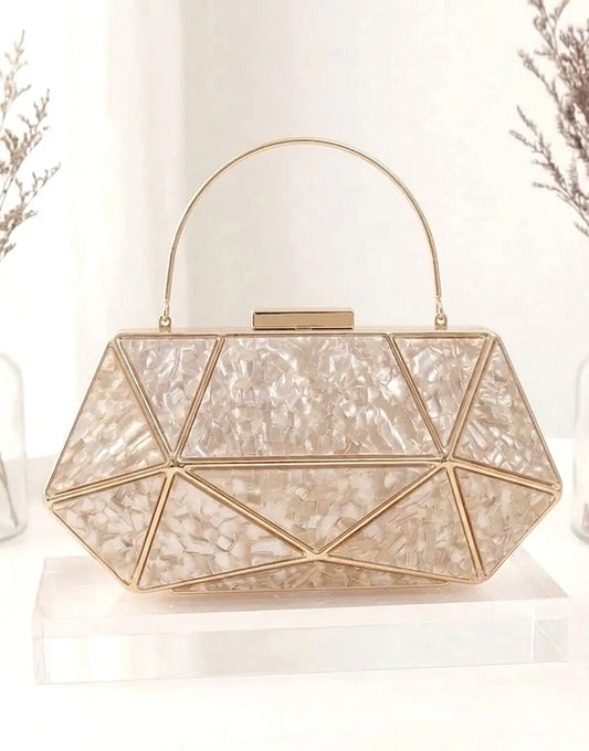 Luxury Hexagonal Gold & Mother of Pearl Bridal Clutch Bag