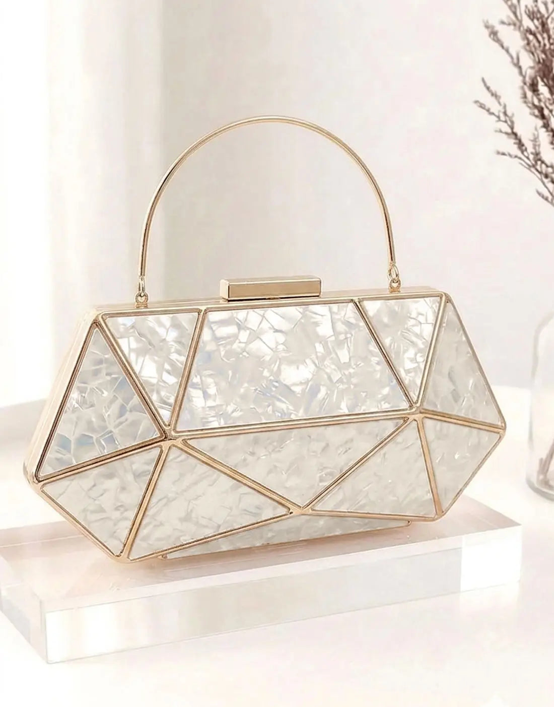 Luxury Hexagonal Gold & Mother of Pearl Bridal Clutch Bag