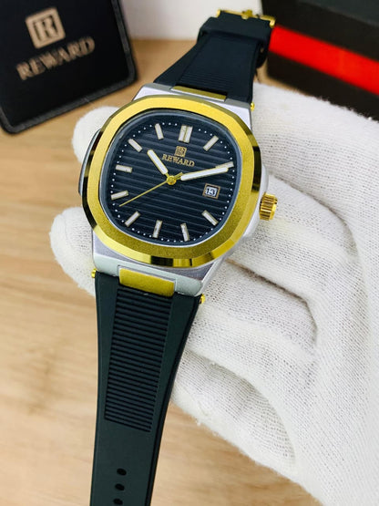 Luxury Men's Sport Watch – Gold Bezel & Textured Black Dial with Premium Silicone Strap