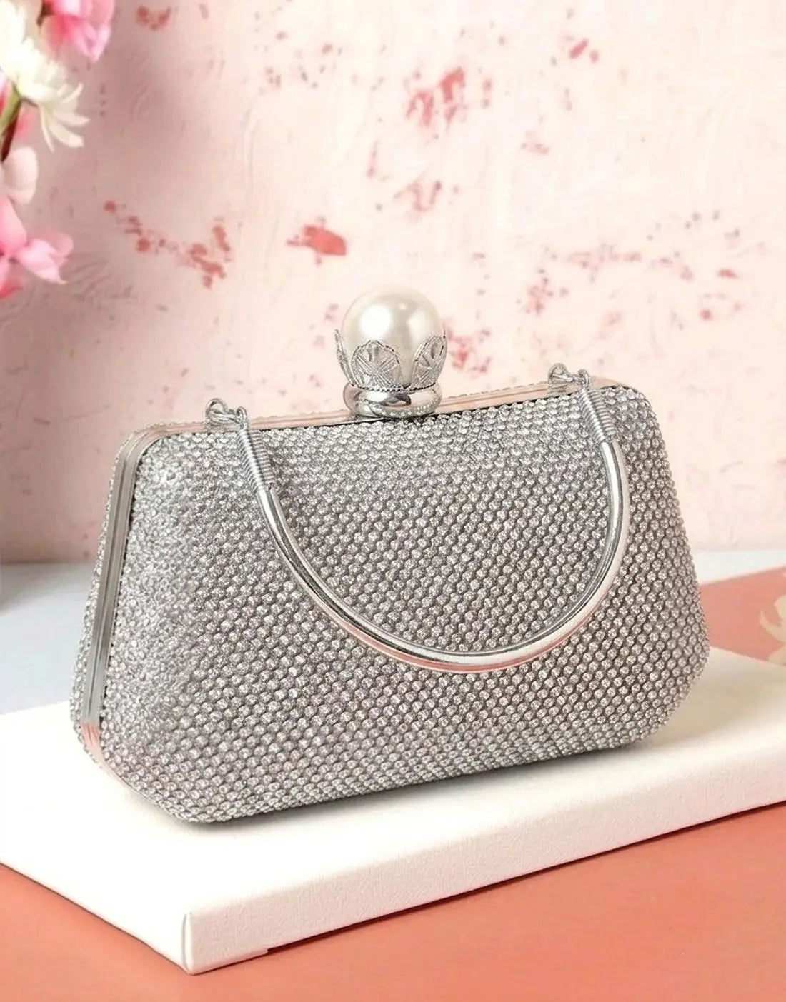 Faux Pearl Clasp Sparkly Rhinestone Evening Clutch Bag